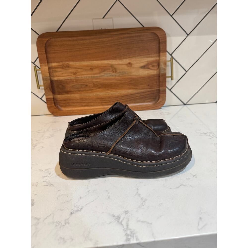vintage Skechers brown leather clog mules chunky platform heel size 7 True 90s - Picture 2 of 11